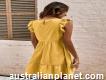 Yellow Plain Ruffle Hem Round Neck Swiss Dot Trim Dress Shopping