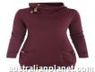 Full Sleeve Cotton, polyester Solid Deep Red Mock Button Pocket t Shirt Ladies